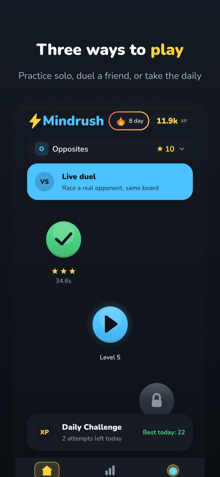 Mindrush home screen — practice, live duel, and the daily challenge in one hub.