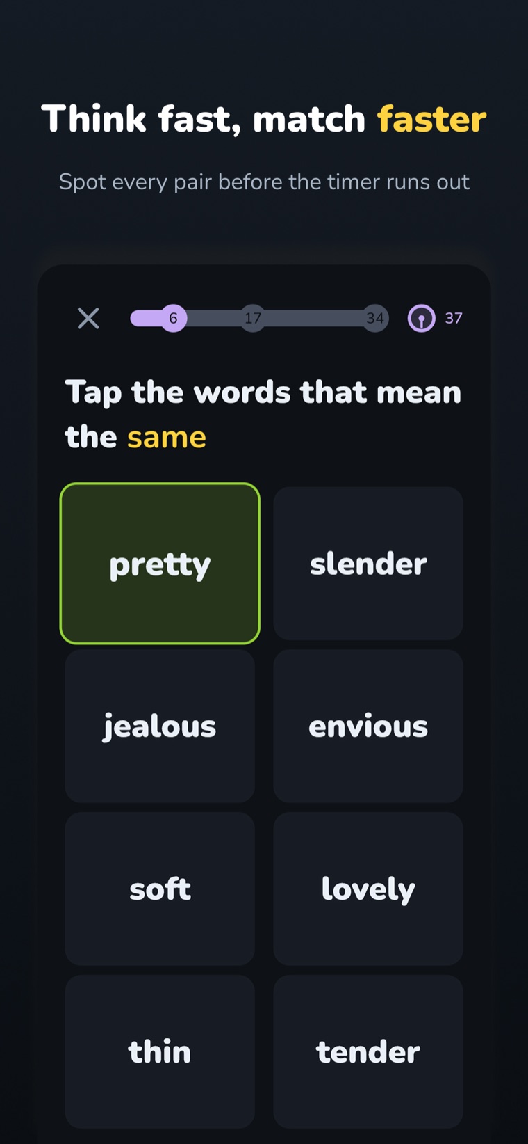 Mindrush word-matching board — tap the words that mean the same before time runs out.